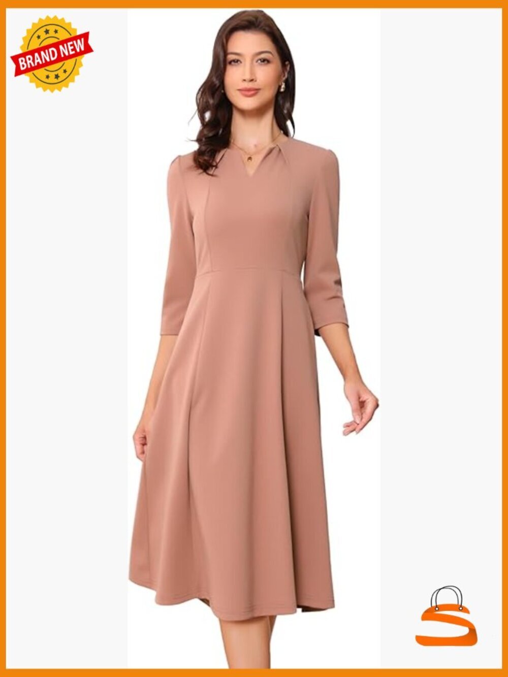 V Neck A-Line Midi Dress with Pockets - 3/4 Sleeve Work Formal Dress